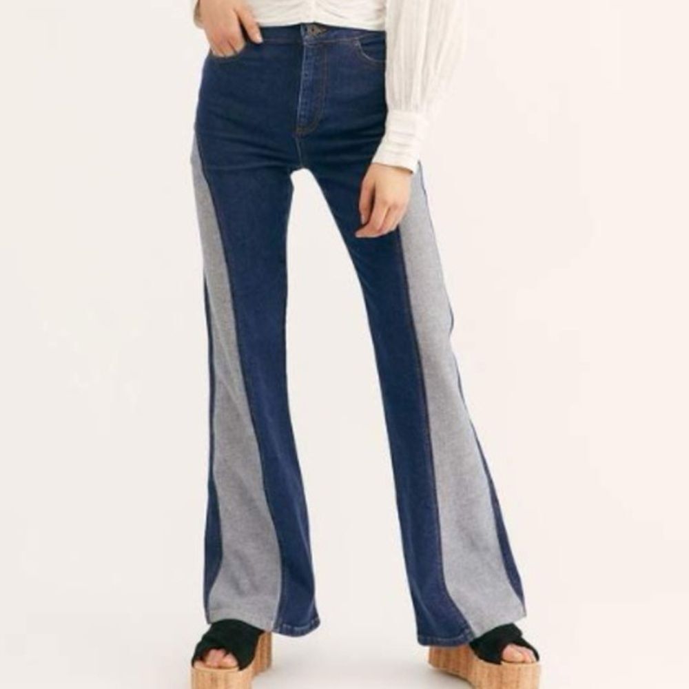 Free People Two-Tone Panel Flare Jeans in Dark and Light Blue